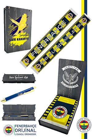 Fenerbahçe Orijinal Lisanslı Çubuklu Bir Asalet Şal Atkı ve Hybrit Tükenmez Kalem Set Ka