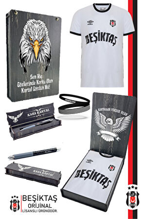 Beşiktaş Orijinal Lisanslı Nostalji Beyaz Forma + Bileklik + Uçlu Kalem Set Hediyelik Ahşap Kutu