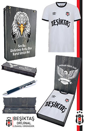Beşiktaş Orijinal Lisanslı Nostalji Beyaz Forma + Tükenmez Hybrit Kalem Set Hediyelik Ahşap Kutu