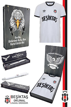 Beşiktaş Orijinal Lisanslı Nostalji Beyaz Forma + Uçlu Kalem Set Hediyelik Ahşap Kutulu