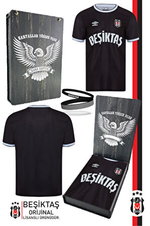 Beşiktaş Orijinal Lisanslı Nostalji Siyah Forma + Bileklik Set Hediyelik Ahşap Kutulu