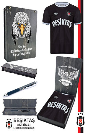  Beşiktaş Orijinal Lisanslı Nostalji Siyah Forma + Tükenmez Hybrit Kalem Set Hediyelik Ahşap Kutu