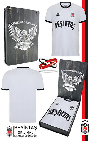 Beşiktaş Orijinal Lisanslı Nostalji Beyaz Çocuk Forma + Bileklik Set Hediyelik Ahşap Kutu