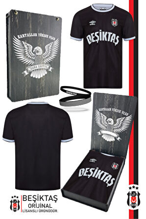 Beşiktaş Orijinal Lisanslı Nostalji Siyah Çocuk Forma + Bileklik Set Hediyelik Ahşap Kutu
