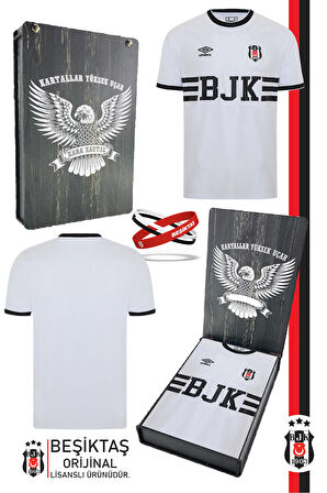 Beşiktaş Orijinal Lisanslı Nostalji Beyaz Bjk Çocuk Forma + Bileklik Set Hediyelik Ahşap Kutu