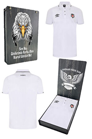 Beşiktaş Orijinal Lisanslı Polo Yaka Beyaz T-Shirt Bjk Kartal Baskılı Hediyelik Ahşap K