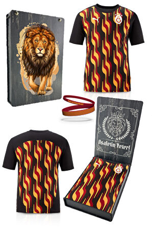 Galatasaray Orijinal Lisanslı Sıfır Yaka Siyah Antrenman T-Shirt + Bileklik Set Ahşap Kutu