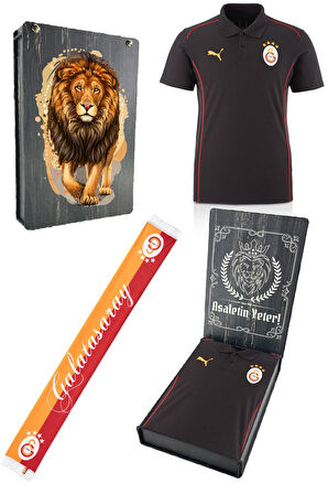 Galatasaray Orijinal Lisanslı Polo Yaka Siyah Antrenman T-Shirt + Şal Kaşkol Set Ahşap Kutu