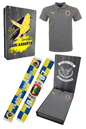  Fenerbahçe Orijinal Lisanslı 2024/25 A Takım Polo Yaka Gri T-Shirt + Şal Kaşkol Set Hediyelik Kutu