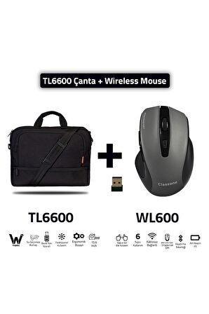 Classone TL6600-Wl600 Wtxpro Su Geçirmez Kumaş 15.6 Inç Uyumlu Notebook ,laptop El Çantası+WL600 Kablosuz Mouse