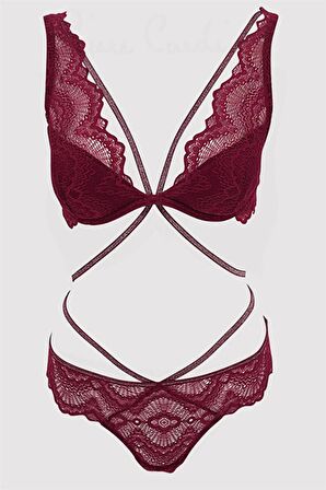 Pierre Cardin Kadın Balenli Simli Şeritli Sütyen Takım 4730 - Bordo 