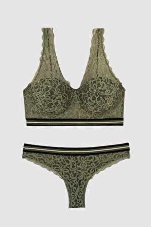 Burnt Olive 4713 Soft Push Up Dolgulu Simli Lastik Detayli Büstiyer Iç Çamasir Takim