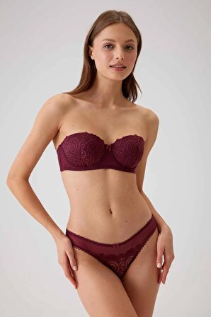 Kadın Mürdüm 4741 Balenli Soft Push Up Straplez Sütyen Takım