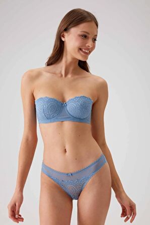 Kadın Mavi 4741 Balenli Soft Push Up Straplez Sütyen Takım