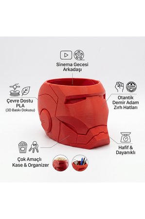 Iron Man Tasarımlı 3D Baskı Kırmızı Patlamış Mısır Kasesi Dekoratif Çerezlik Ve Masaüstü Organizer