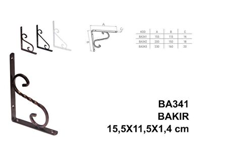 Beşel Perforje Raf Altı Raf Demiri Parlak Bakır 15,5x11,5x1,4 cm