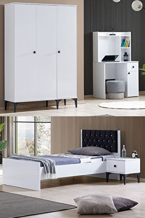 White Genç Odası - 3 Kapılı Dolap, Karyola, Komodin, Masa