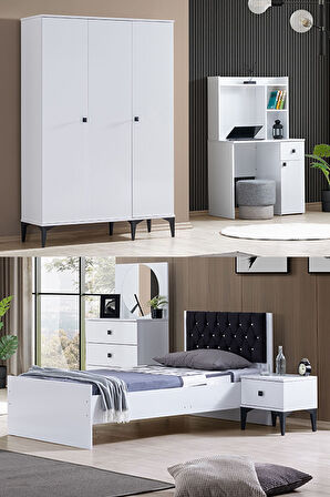 White Genç Odası - 3 Kapılı Dolap, Karyola, Komodin, Masa, Şifonyer
