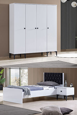 White Genç Odası - 4 Kapılı Dolap, Karyola, Komodin