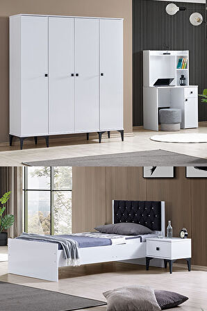 White Genç Odası - 4 Kapaklı Dolap, Karyola, Komodin, Masa