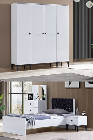 White Genç Odası - 4 Kapaklı Dolap, Karyola, Komodin, Şifonyer