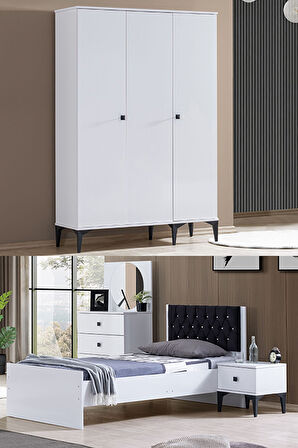 White Genç Odası - 3 Kapılı Dolap, Karyola, Komodin, Şifonyer