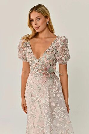 Alfa Beta Güpürlü Karpuz Kol Pudra-Mint Kadın Abiye 2245382