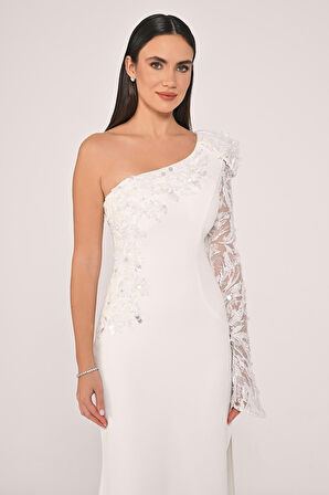 Alfa Beta Tek Kollu İşlemeli Yandan Yırtmaçlı Krep Uzun Abiye Elbise