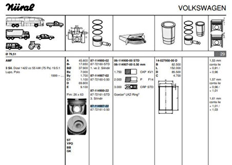 Vag Piston+segman (80,01mm 0,50 (3 Silindirli Motorun 3, Pistonu) Polo Audı A2 Arosa Cordoba İbiza IV / - Goetze 8772161050000g