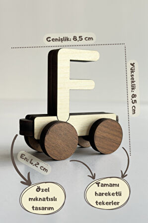 Ahşap, Mıknatıslı ve Döner Tekerli Birbirine Neodyum Mıknatısla Yapışan Özel Üretim İsim Yazılabilir Harf Tren F Harfi
