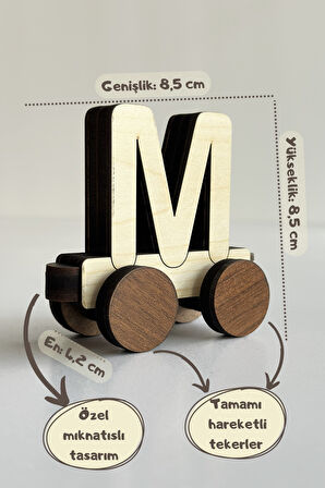 Ahşap, Mıknatıslı ve Döner Tekerli Birbirine Neodyum Mıknatısla Yapışan Özel Üretim İsim Yazılabilir Harf Tren M Harfi