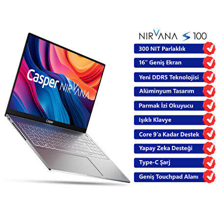Casper Nirvana S100 300NIT i7-13620H 16GB DDR5 1TB SSD 16" Freedos Laptop S100.1362-BQ00X-G-F