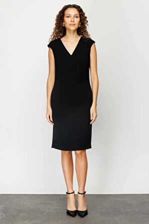 Ekol Kadın V Yaka Krep Elbise 5005 Siyah