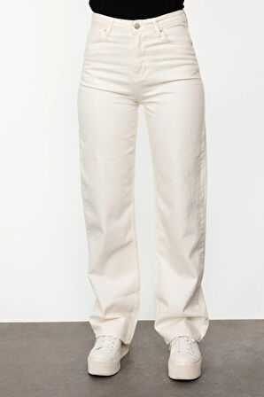 Ekol Kadın Yüksek Bel Bol Paça Kot Pantolon 3128 Ekru