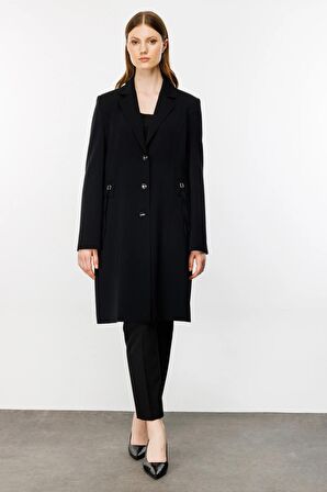 Ekol Büyük Beden Düğmeli Siyah Kadın Pardösü 24EKL06542