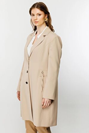 Ekol Büyük Beden Düğmeli Camel Kadın Pardösü 24EKL06542