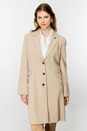 Ekol Büyük Beden Düğmeli Camel Kadın Pardösü 24EKL06542