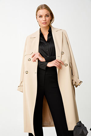 Ekol Kruvaze Yaka Bağlama Detaylı Camel Kadın Pardösü 24EKL06002