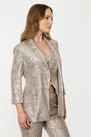 Ekol Kadın Duble Kol Payet İşlemeli Blazer Ceket 5104 Bej