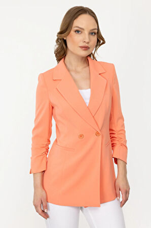 Ekol Kadın Kolu Büzgülü Çizgi Cep Ceket 5206 Somon