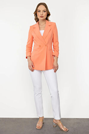 Ekol Kadın Kolu Büzgülü Çizgi Cep Ceket 5206 Somon