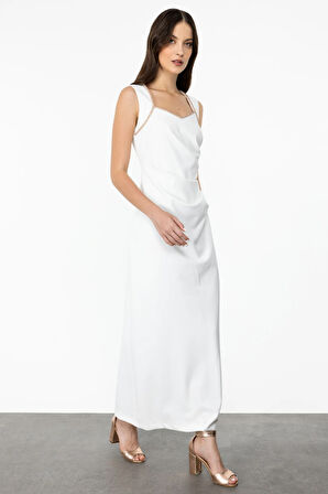 Kadın Yaka Taş İşlemeli Drapeli Maxi Boy Abiye Elbise-Ekru | 38