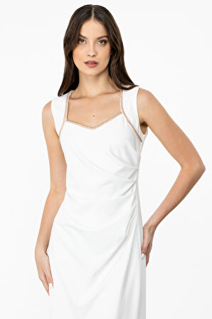 Kadın Yaka Taş İşlemeli Drapeli Maxi Boy Abiye Elbise-Ekru | 42