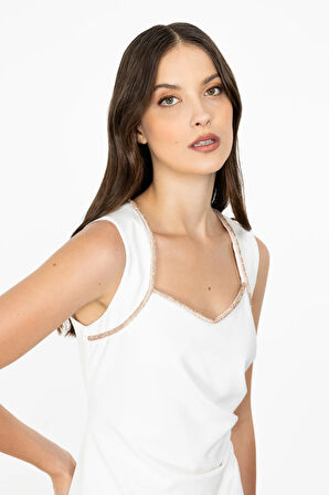 Kadın Yaka Taş İşlemeli Drapeli Maxi Boy Abiye Elbise-Ekru | 42