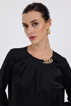 Ekol Kadın Zincir Aksesuarlı Önü Drapeli Bluz 2007 Siyah