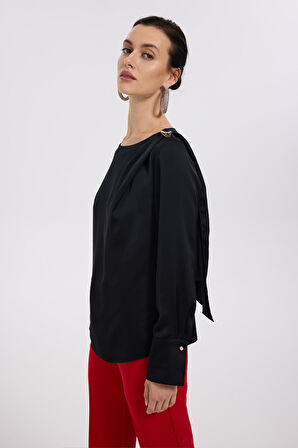 Ekol Kadın Omzu Bronşlu Saten Bluz 2075 Siyah