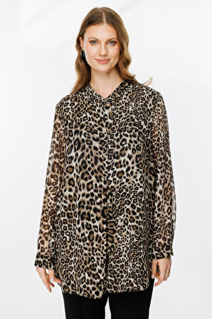 Ekol Kadın Büyük Beden Leopar Desenli Şifon Bluz 2529 Camel