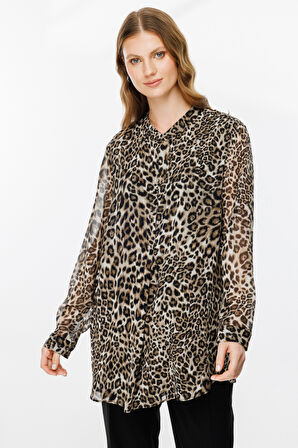 Ekol Kadın Büyük Beden Leopar Desenli Şifon Bluz 2529 Camel