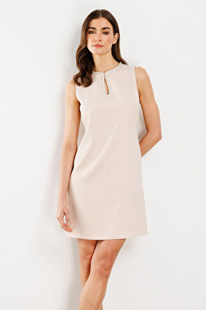 Ekol Kadın Yakası Taşlı Saten Elbise 5004 Bej