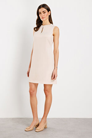 Ekol Kadın Yakası Taşlı Saten Elbise 5004 Bej